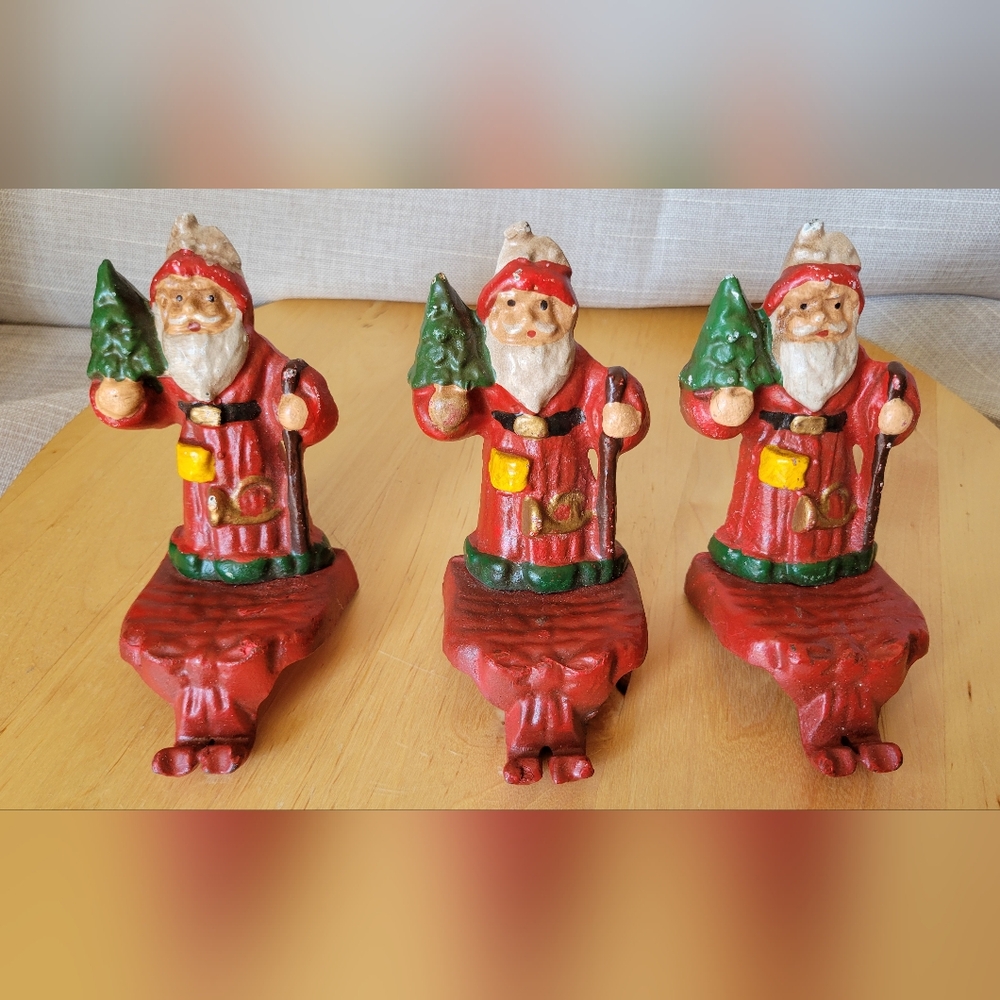 Vintage Lot of 3 Cast Iron Santa Claus Stocking Holder